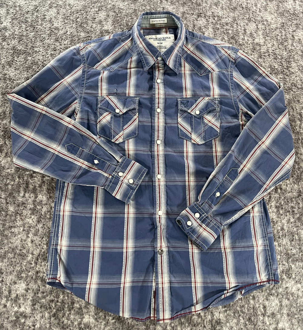 American Eagle Western Button Down Shirt Mens M Plaid Pearl Snap Soft